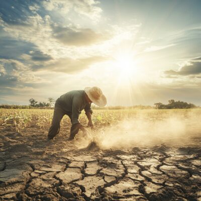 A farmer inspecting a drought-affected field, representing the impact of climate change on crops