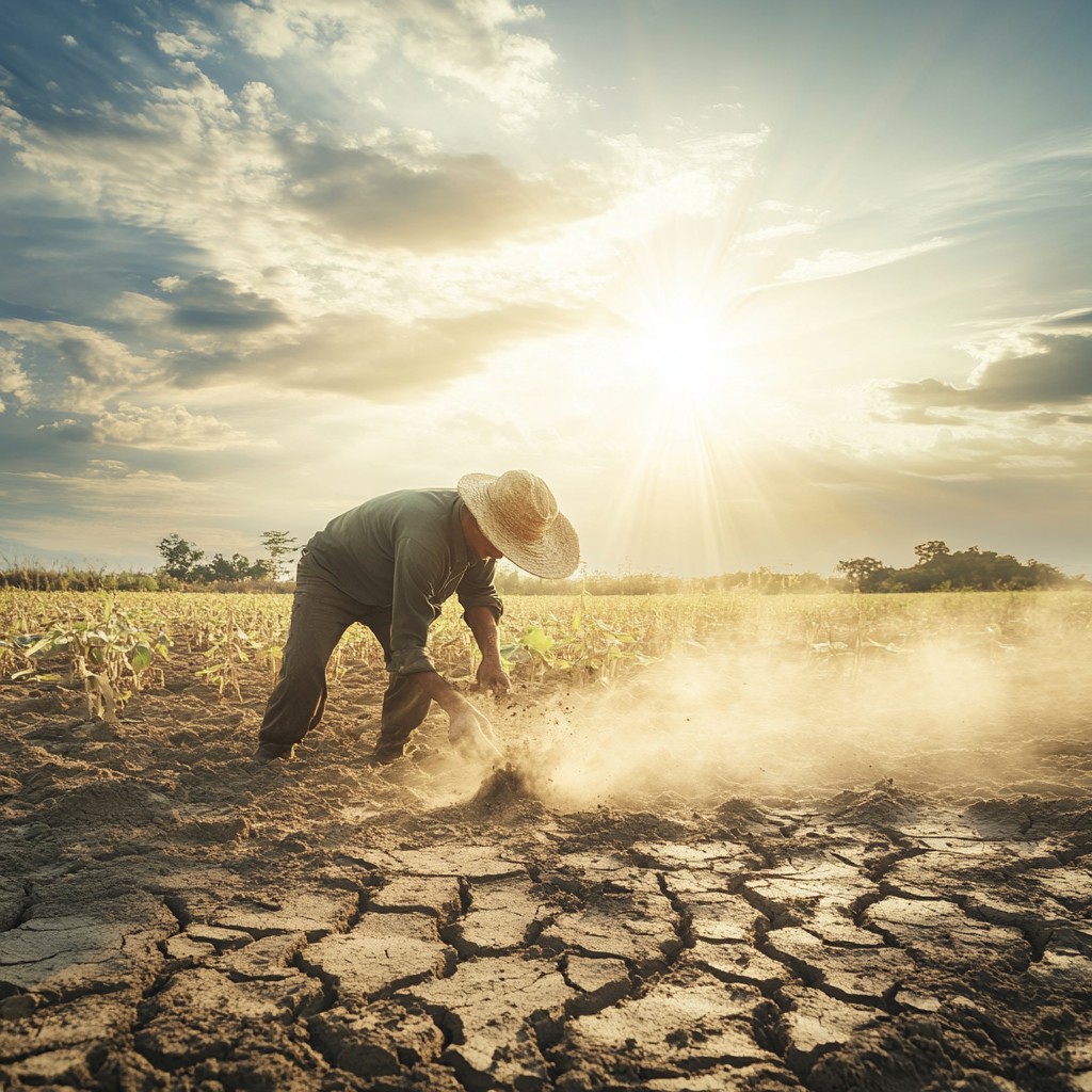 A farmer inspecting a drought-affected field, representing the impact of climate change on crops
