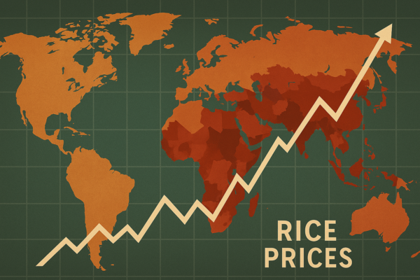 Global rice price index rising in 2024 with hotspots in Asia and Africa.