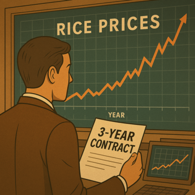 Exporter holding a rice supply contract while analyzing rising global rice prices on screen during El Niño crisis
