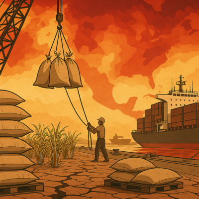 Rice sacks being loaded onto cargo ship at Vietnamese port, with climate change heatmap highlighting Southeast Asia