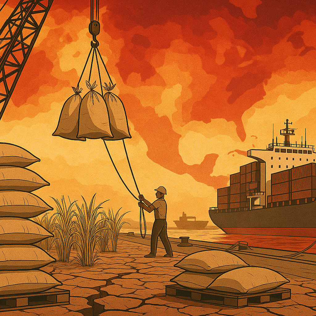 Rice sacks being loaded onto cargo ship at Vietnamese port, with climate change heatmap highlighting Southeast Asia