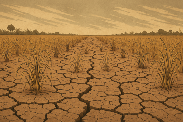 Drought-affected rice fields in Vietnam's Mekong Delta during El Niño, showing cracked soil and dry irrigation channels