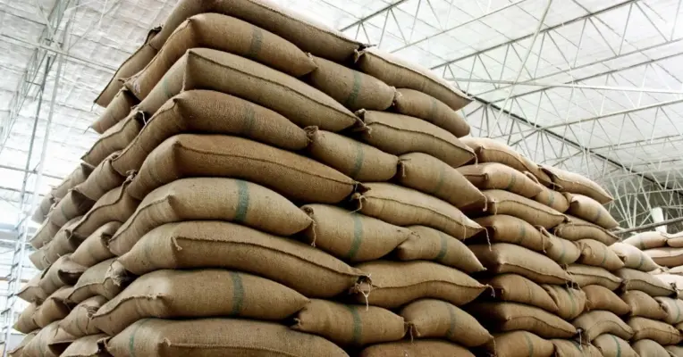 Bulk rice storage with labeled shipments under long-term export contracts.